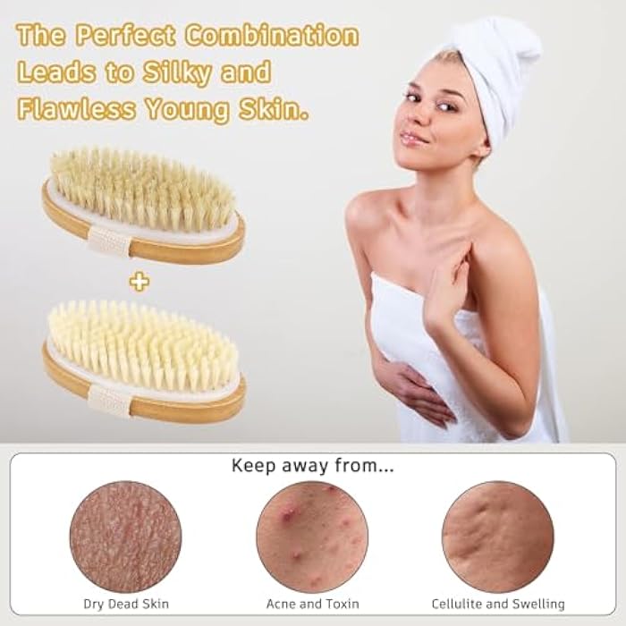 SWIUKPHE Body Brush Set for Wet or Dry Brushing - 2 Pcs Natural Bristle Dry Brush for Exfoliating Skin, Cellulite Removal and Lymphatic Drainage, Bath Shower Brush Body Scrubber with Nylon Bristles - Image 4